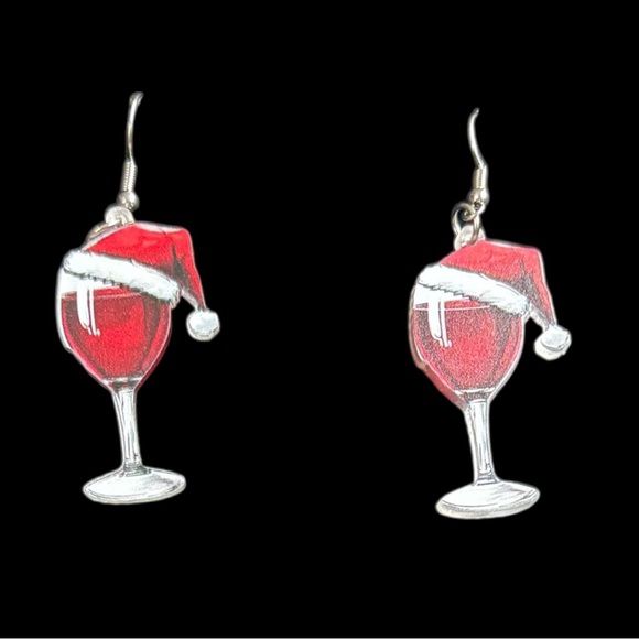 Festive Wine Glass Earrings with Santa Hat - Picture 1 of 2
